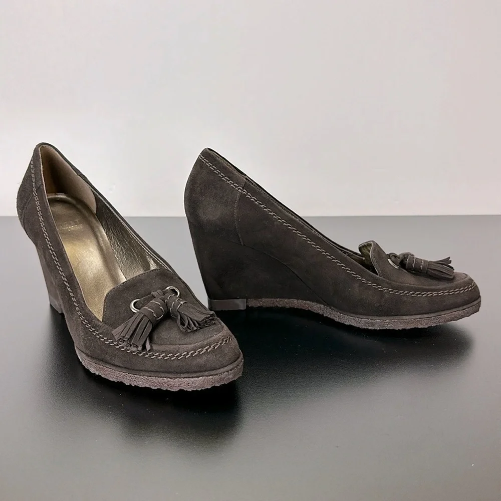 Stuart Weitzman Brown Suede Tassel Wedge Heel Sz‎ 6.5 Made in Spain Slip On